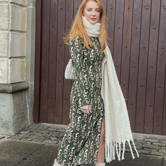 ZARA NWT Front Slit Printed Midi Dress Green - Picture 8 of 14